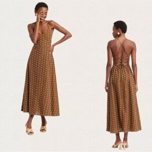 Brown Polka Dot Lace-Up Back Midi Dress